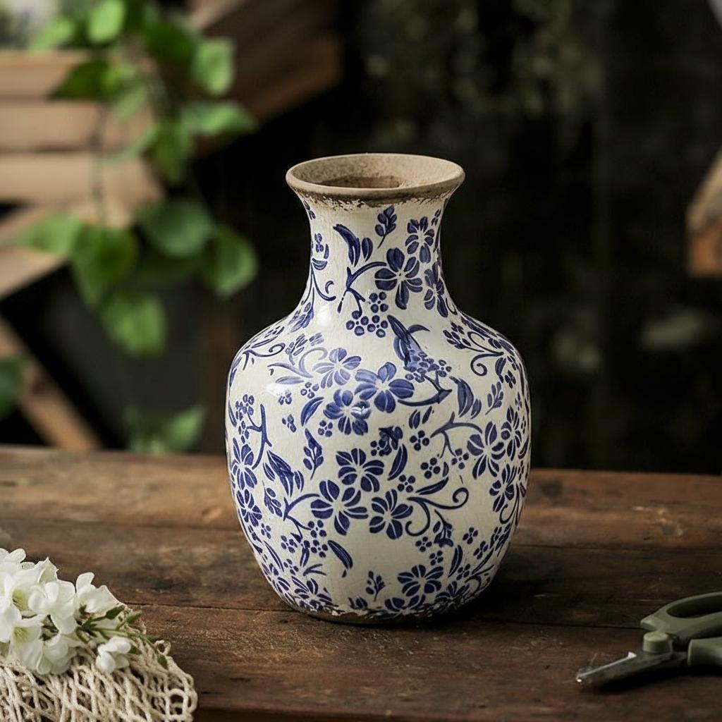 Close up of distressed blue and white ceramic vase on wooden table