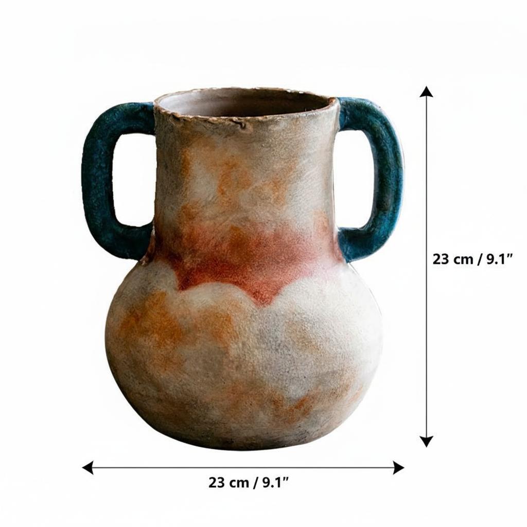 Dimensions of distressed ceramic dual handle vase