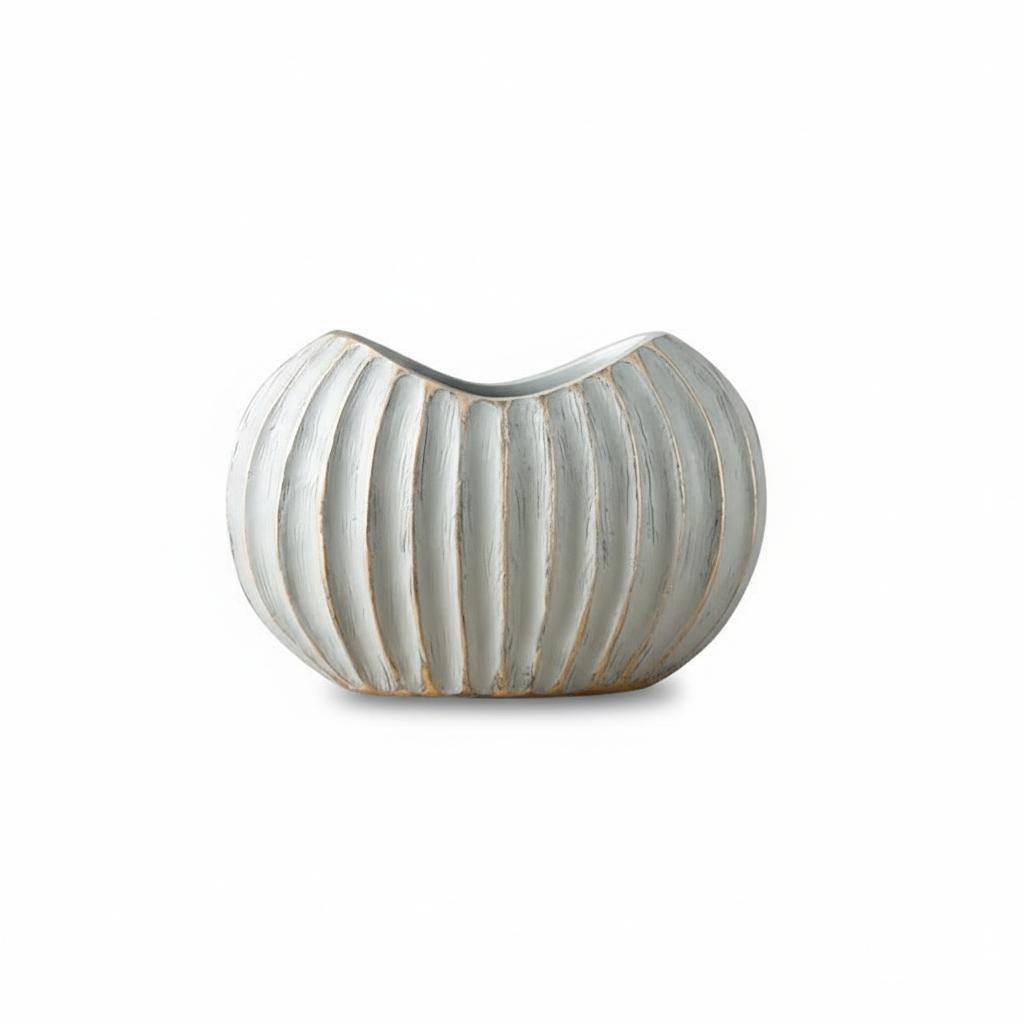 Front view of medium grey ribbed vase