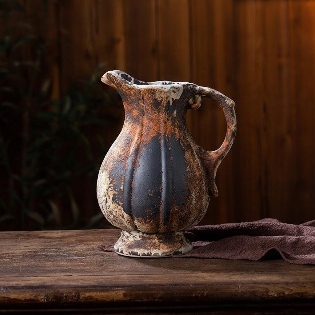 Fluted rustic ceramic pitcher vase with rust and charcoal glaze finish