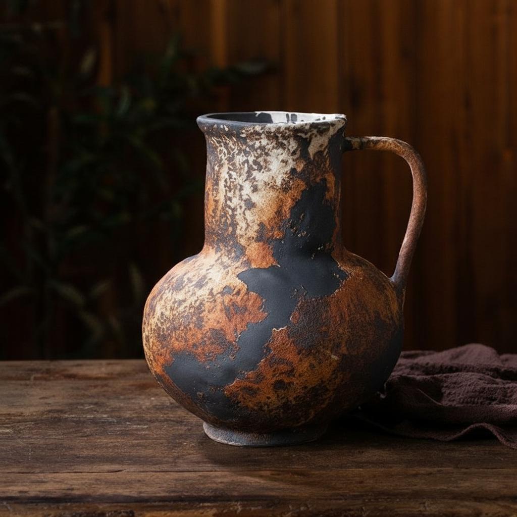 Bulbous wabi-sabi ceramic pitcher vase with weathered texture