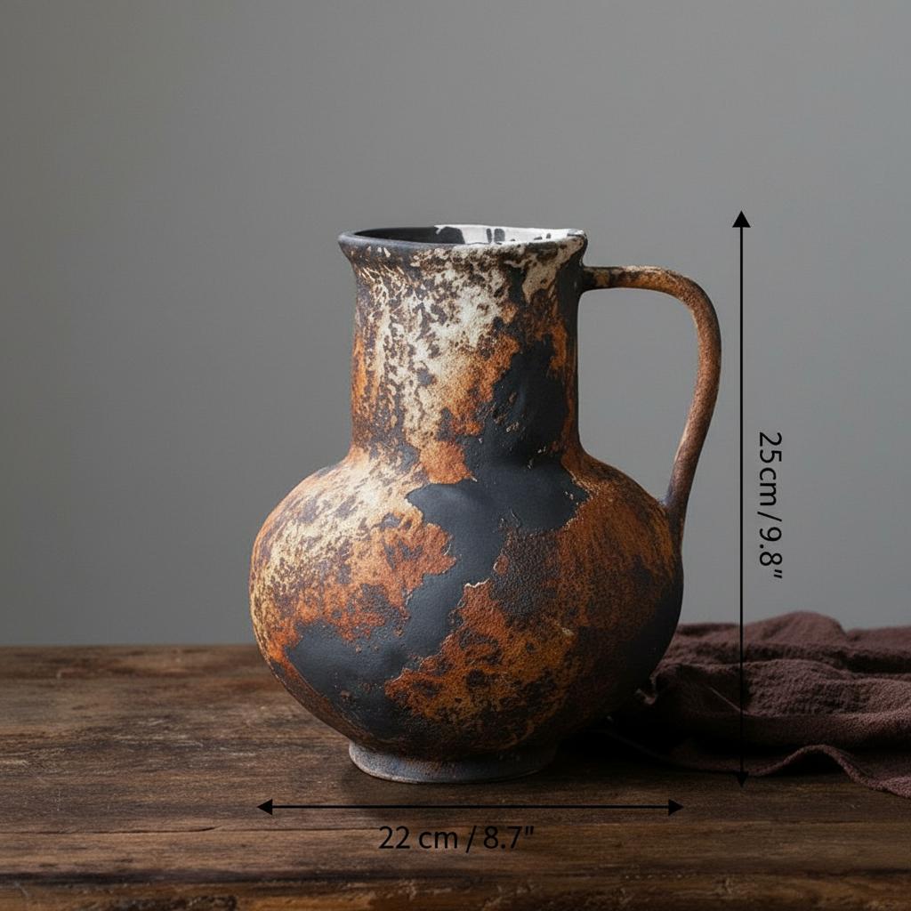 Dimensions of round rustic ceramic vase showing 22cm width and 25cm height
