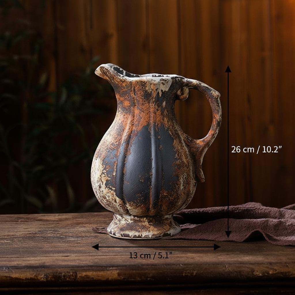 Dimensions of fluted rustic ceramic vase showing 13cm width and 26cm height