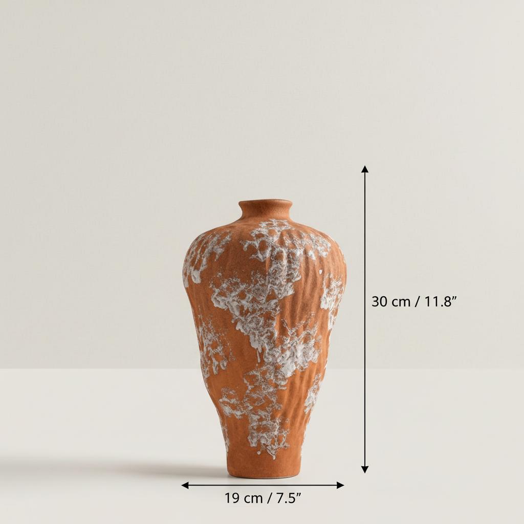 Dimensions diagram of distressed terracotta vase showing height and width