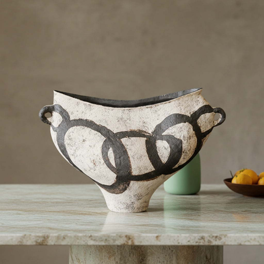 Distressed white and black ceramic centerpiece vase with geometric pattern on wooden table
