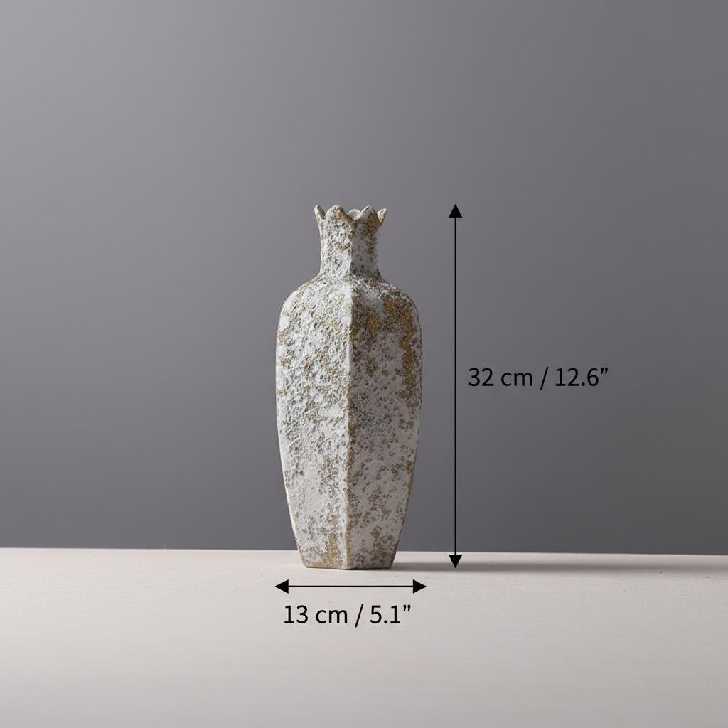 Large distressed ceramic vase with dimensions overlay