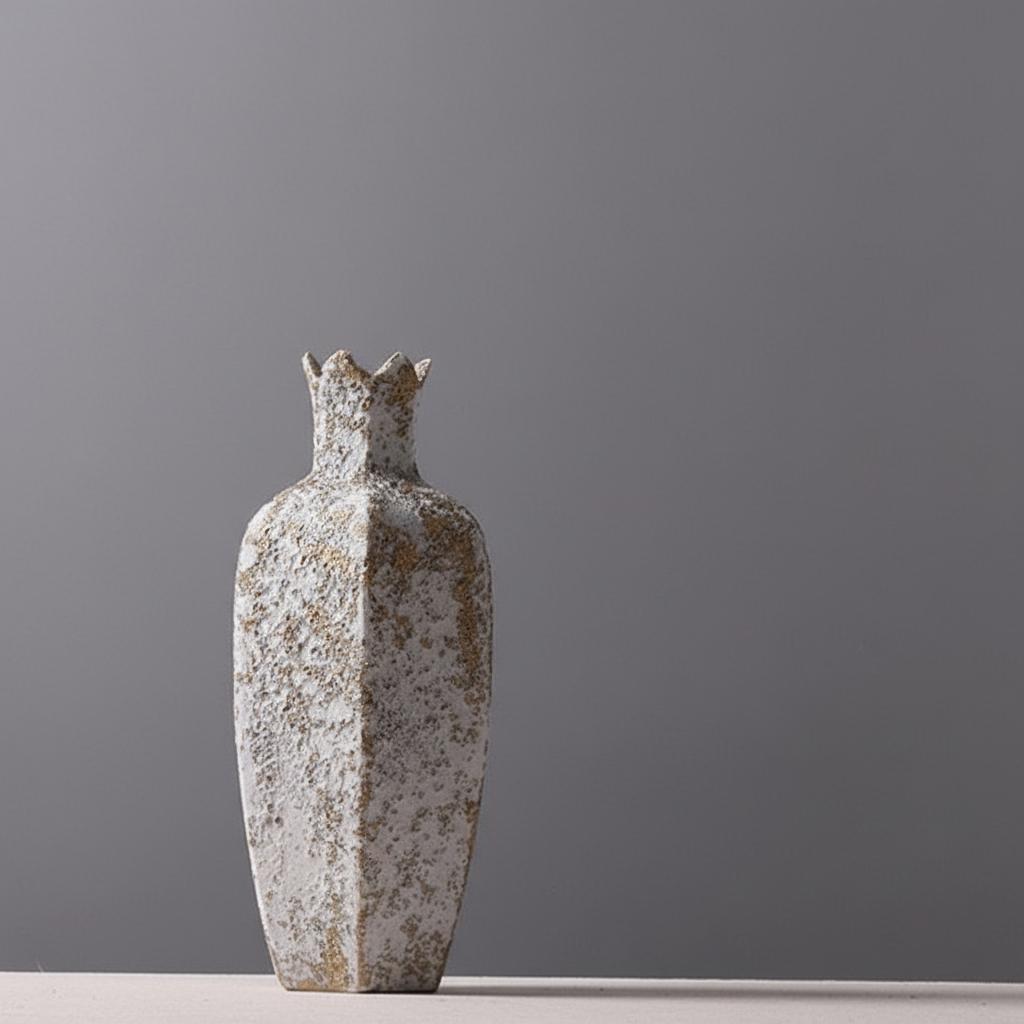 Solo shot of faceted white and gold ceramic vase