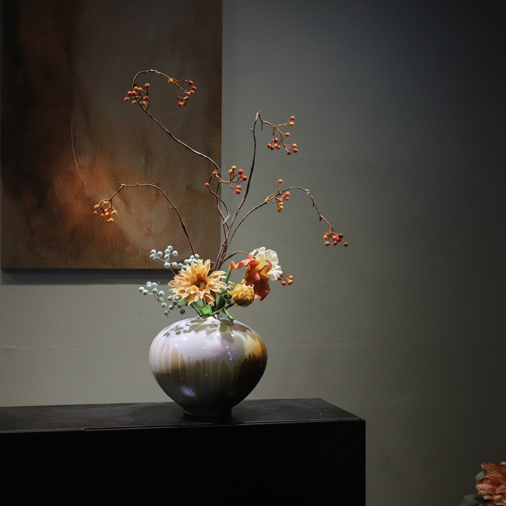 Drip Glaze Ceramic Spherical Vase Styled With Flowers