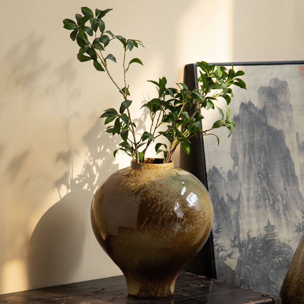Earth toned ceramic vase styled on wooden table with green branches