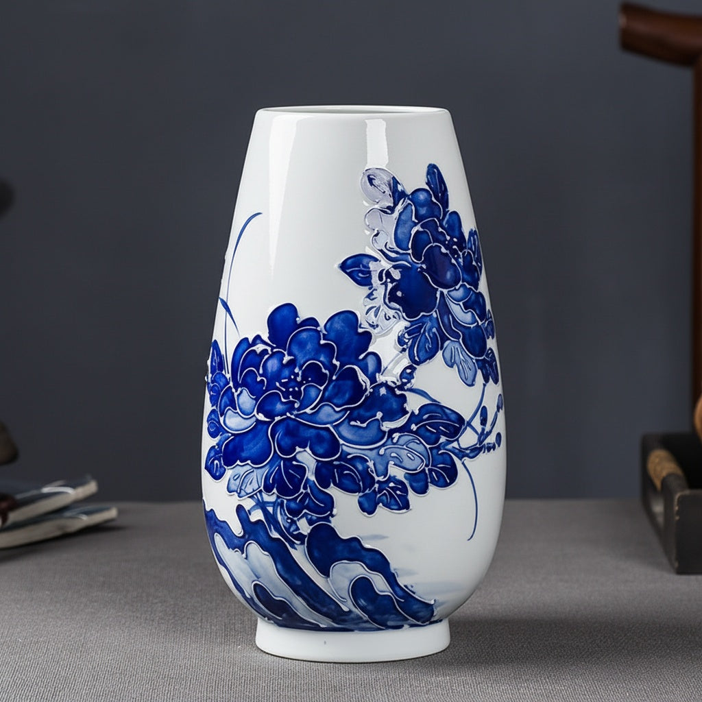 Embossed Blue and White Porcelain Floral Vase