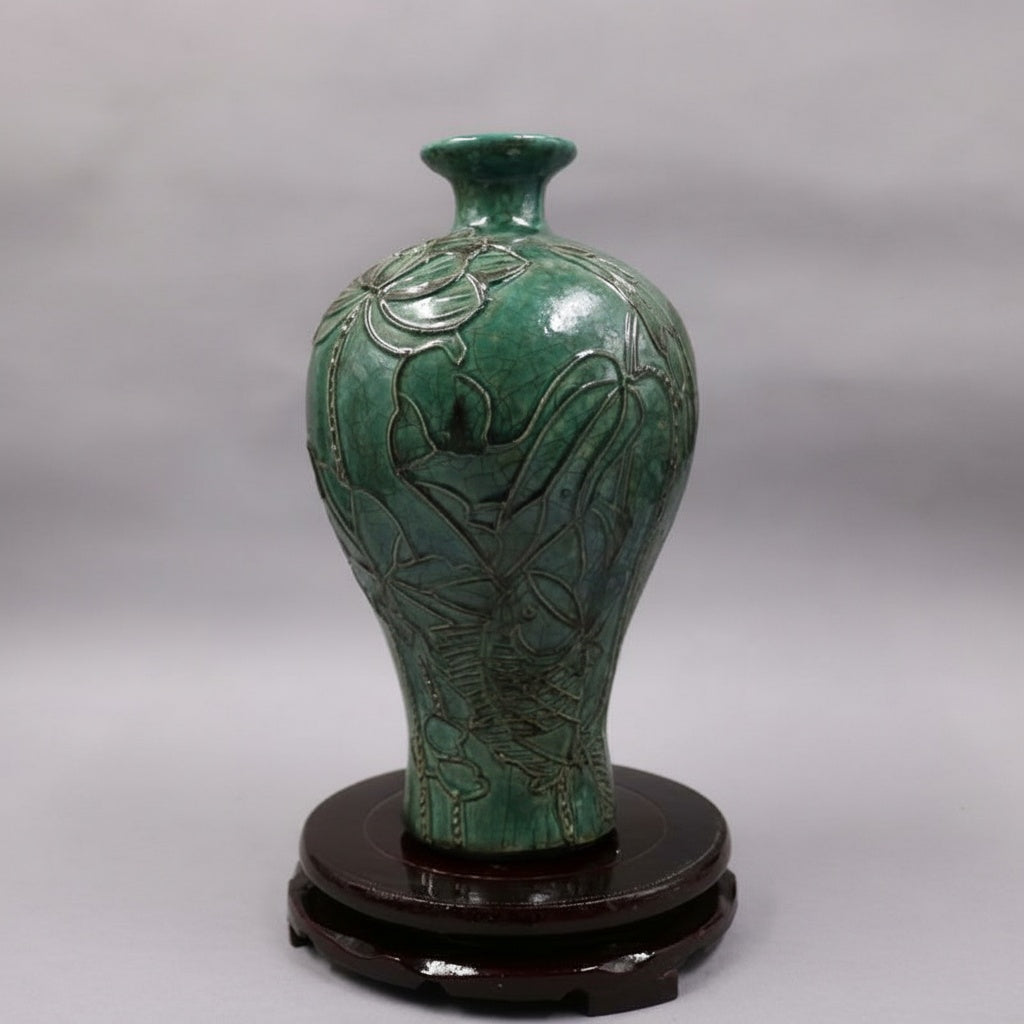 Emerald Ceramic Baluster Vase with Lotus Motif