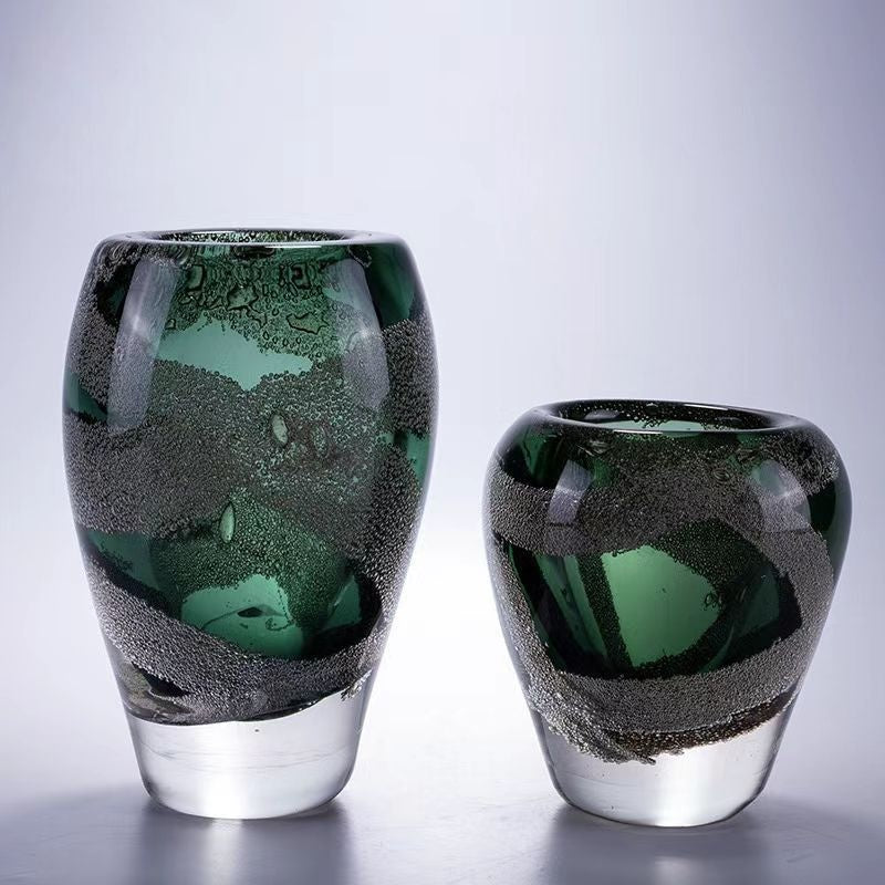 Pair of emerald green glass vases with bubble texture