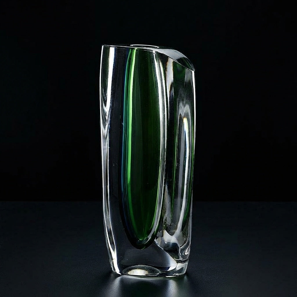 Front view of emerald green and clear crystal vase