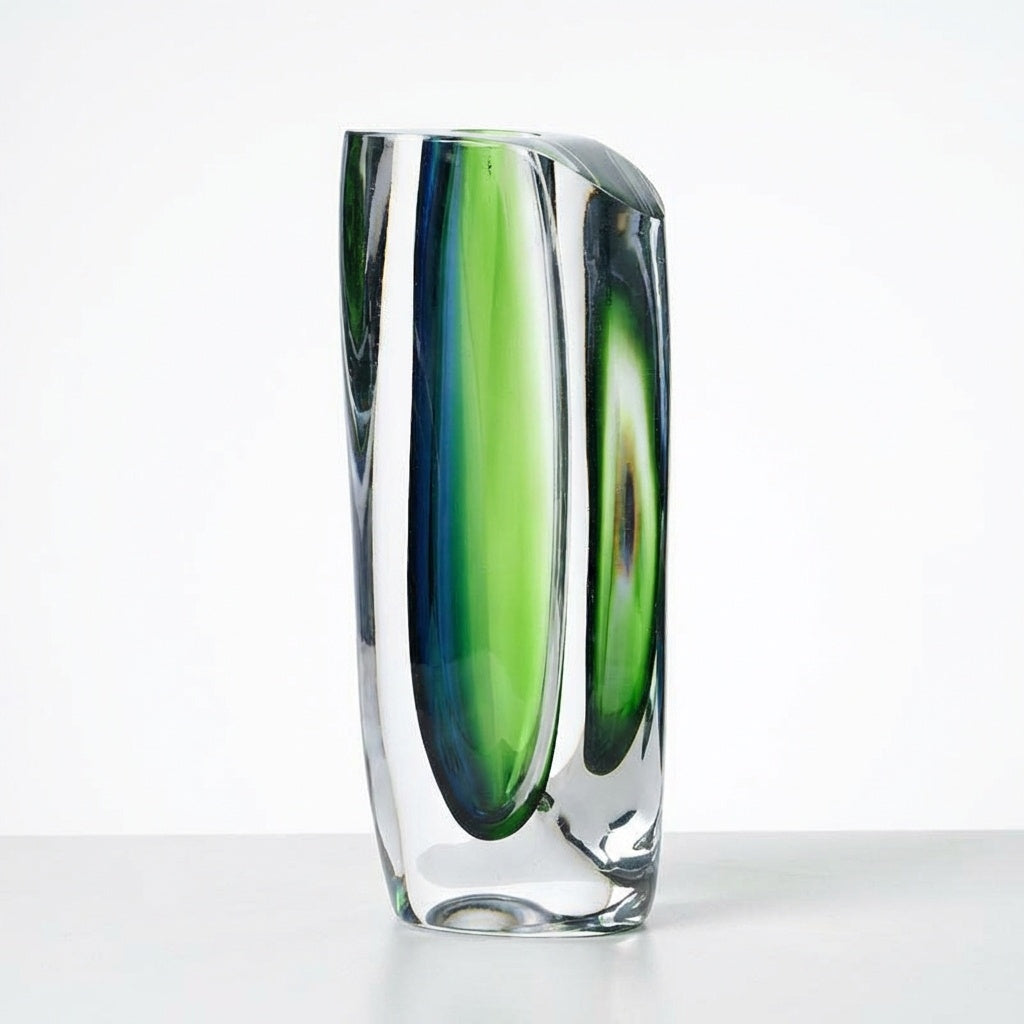Side angle of heavy crystal vase showing green core