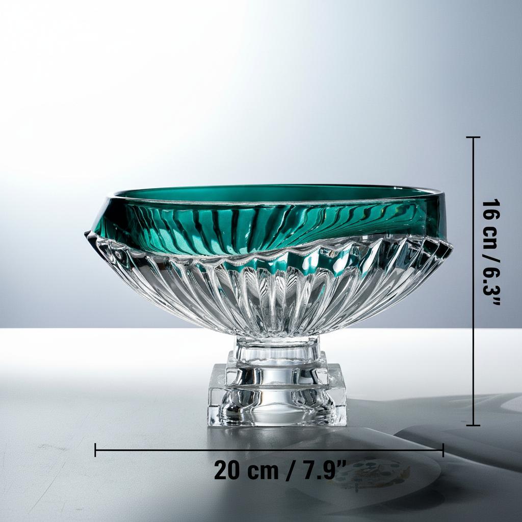 Full view of decorative glass fruit bowl with emerald accents