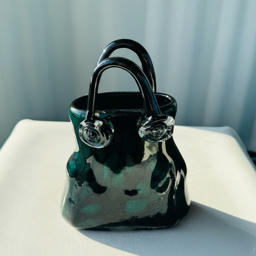 Angled view of handbag shaped art glass vase