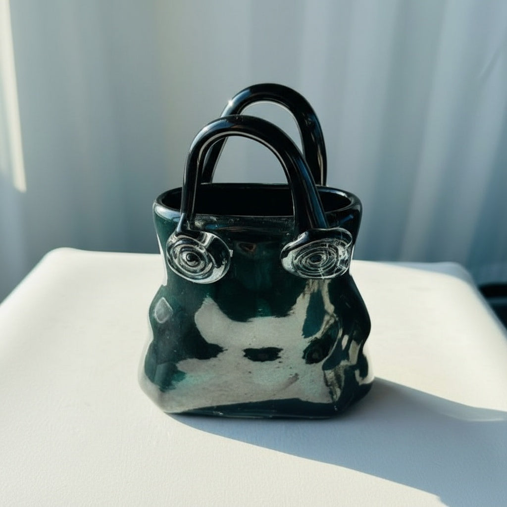 Top down view showing opening of glass purse vase