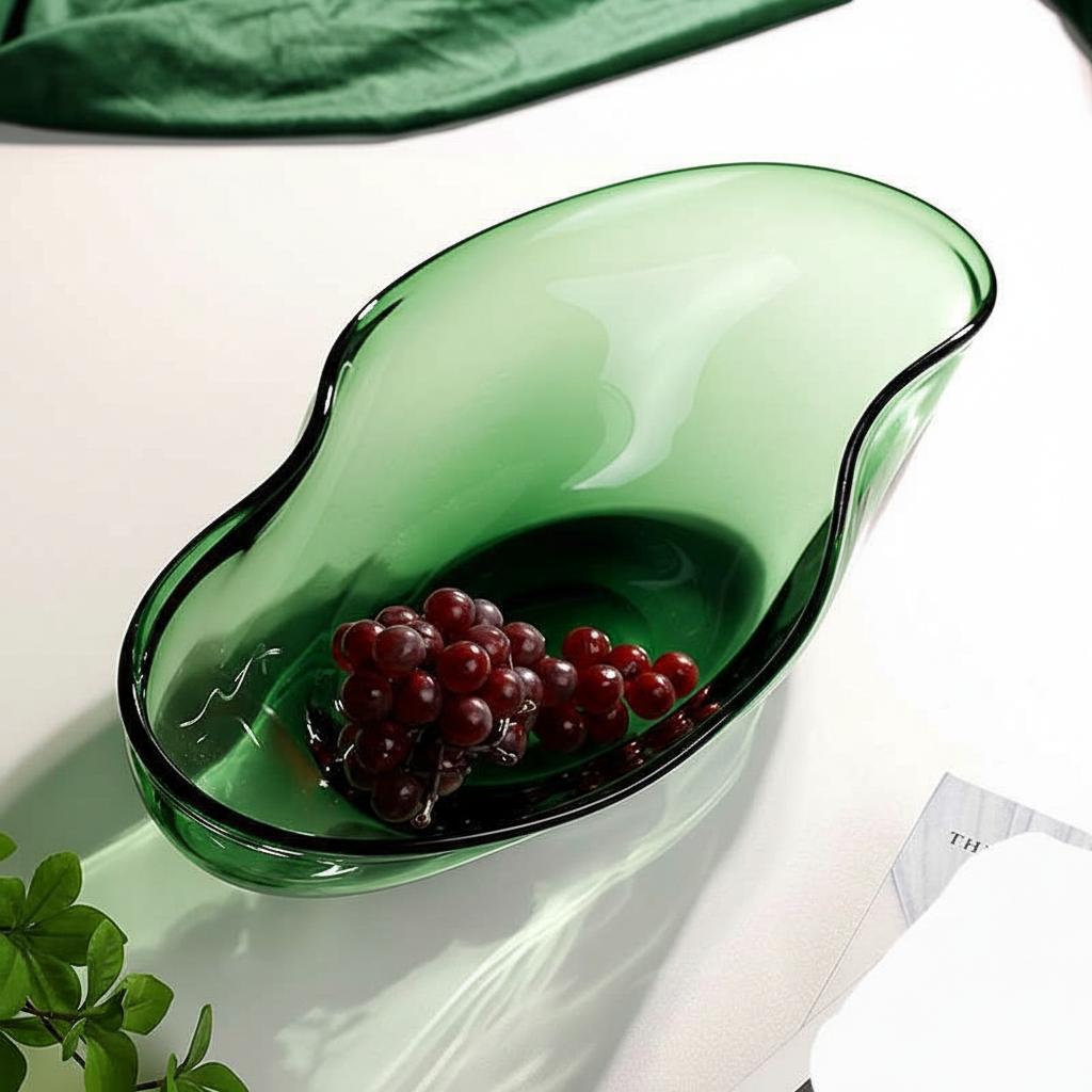 Top angle view of emerald green glass bowl holding grapes