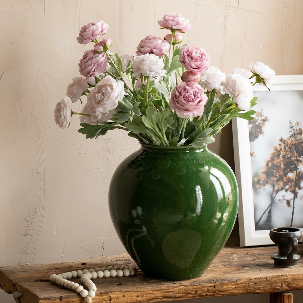 Emerald green glazed ceramic vase with pink flowers on rustic table
