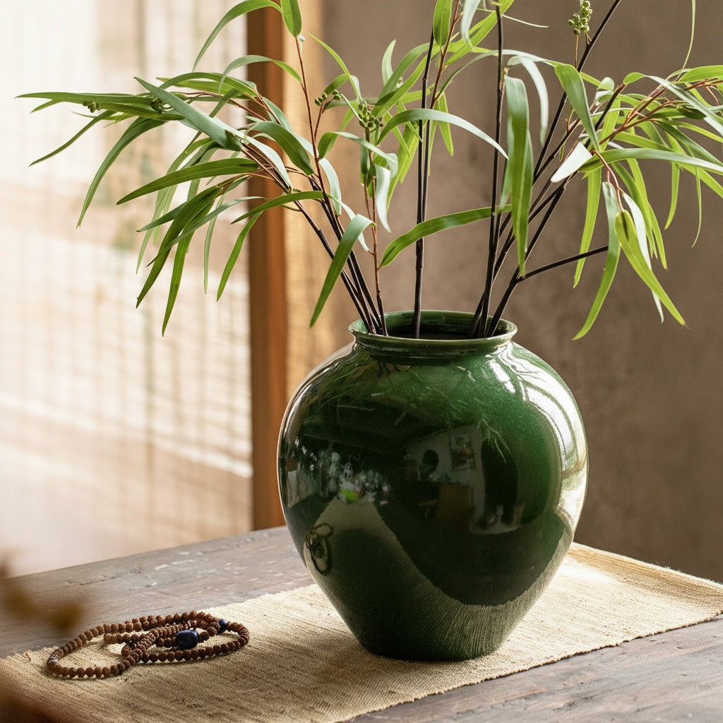 Close up of glossy emerald green ceramic vase with green foliage