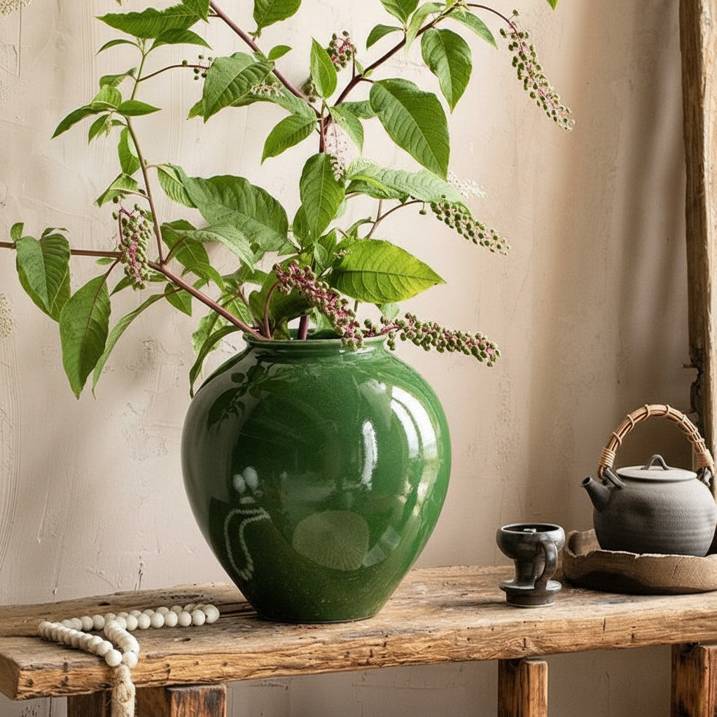 Full view of emerald green bulbous vase with botanical arrangement
