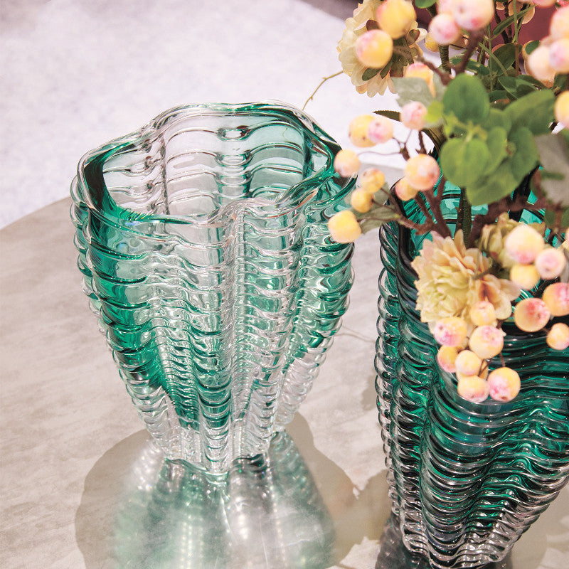 Top view detail of ribbed glass vase rim and texture