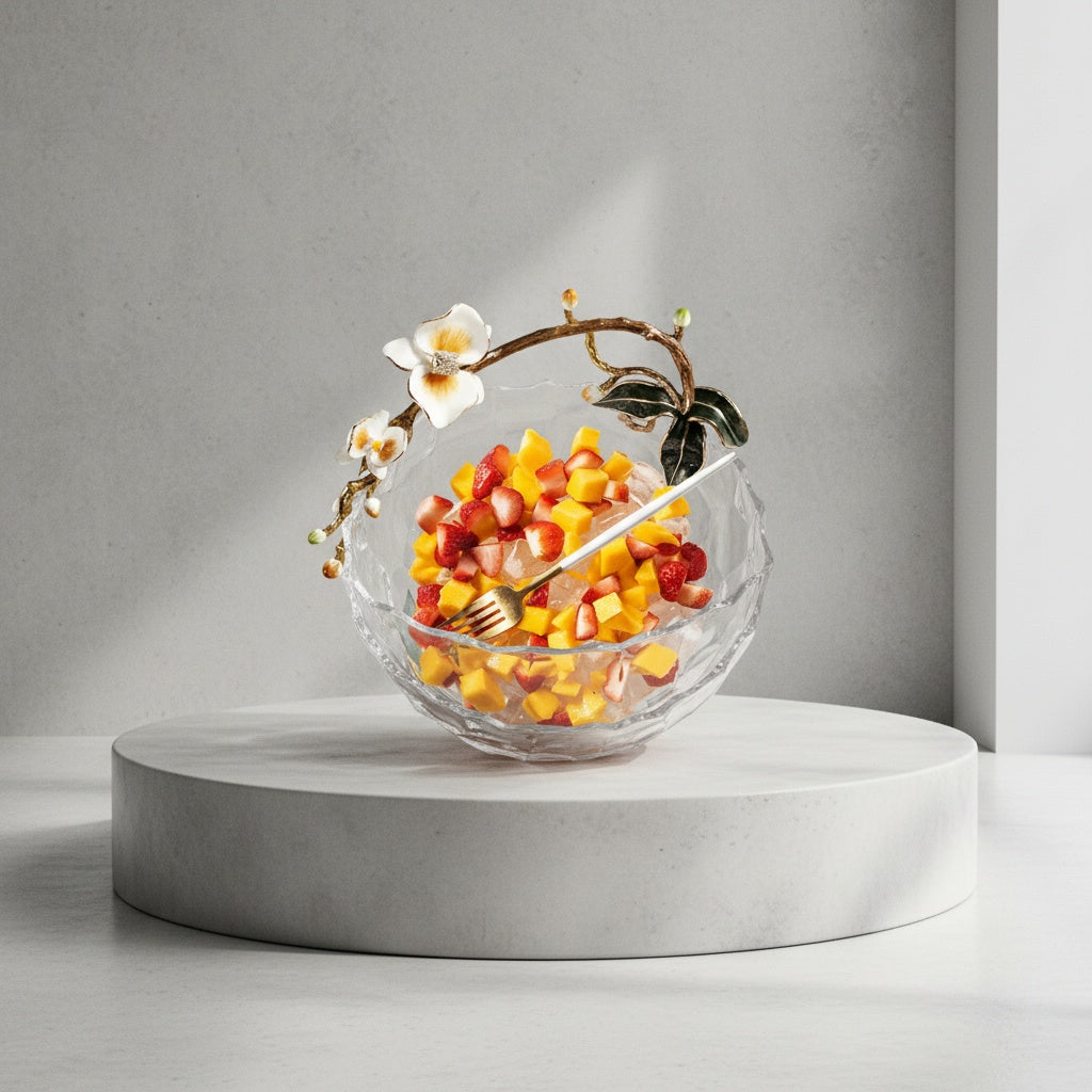 Glass fruit bowl filled with cut fruit showing transparency