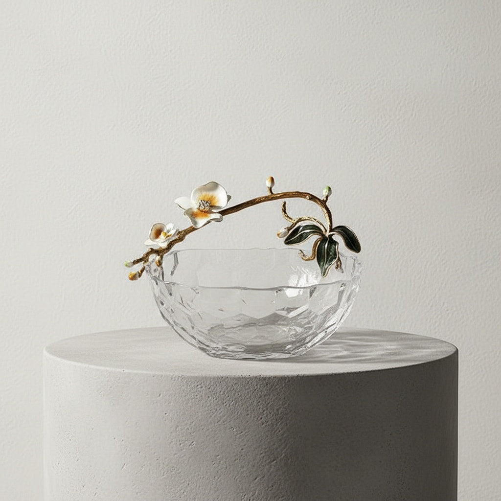 Empty glass bowl detail showing faceted texture and floral rim