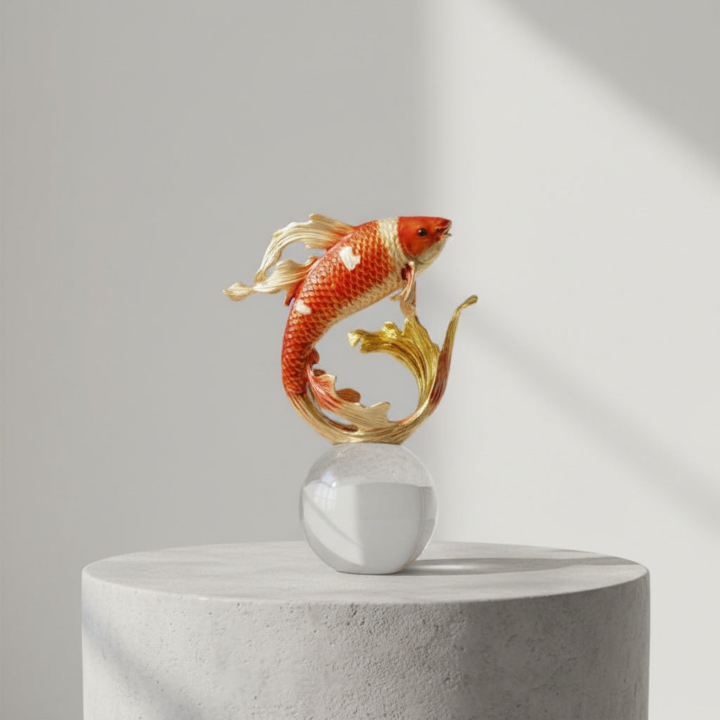 Enamel and gold-tone Koi fish sculpture on clear crystal sphere base