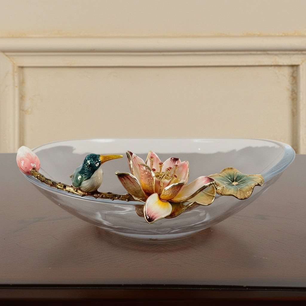 Front view of glass bowl with enamel lotus and bird decoration