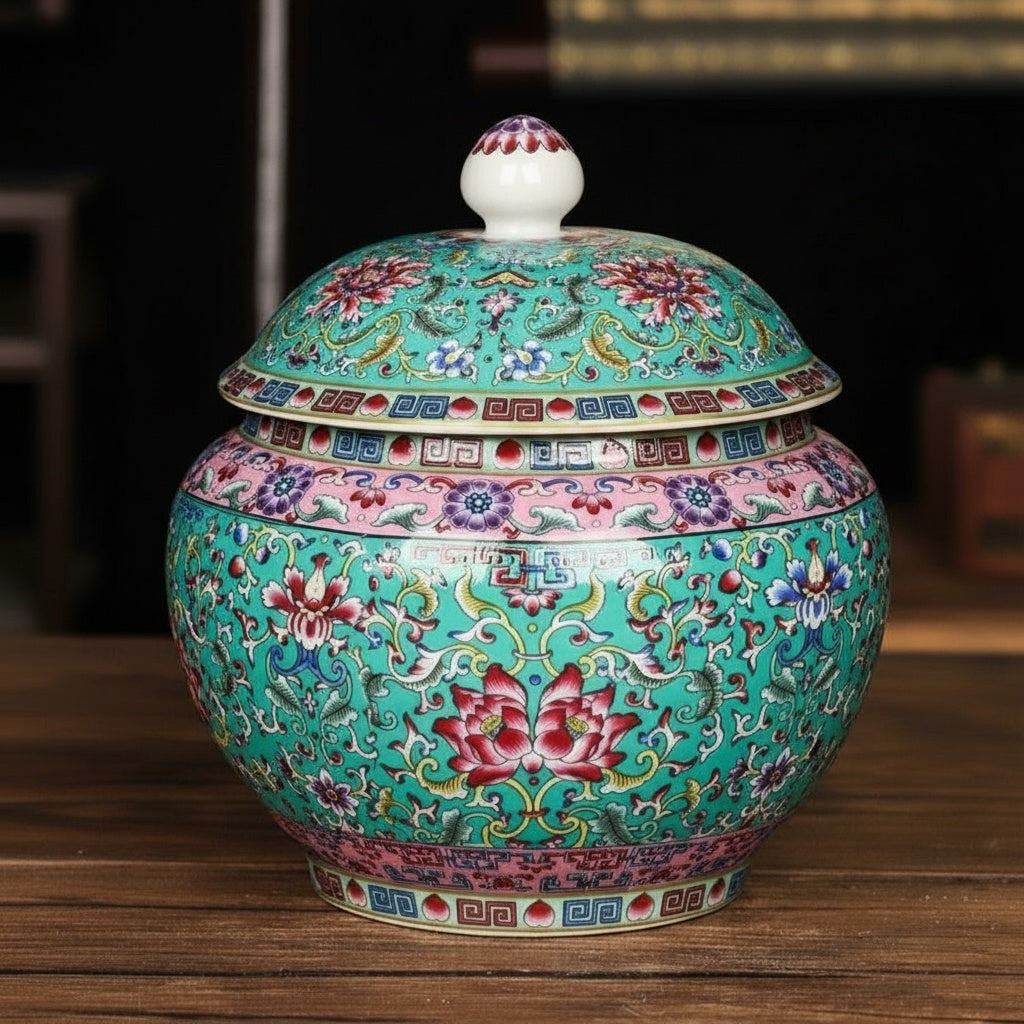 Enameled Porcelain Round Lidded Jar
