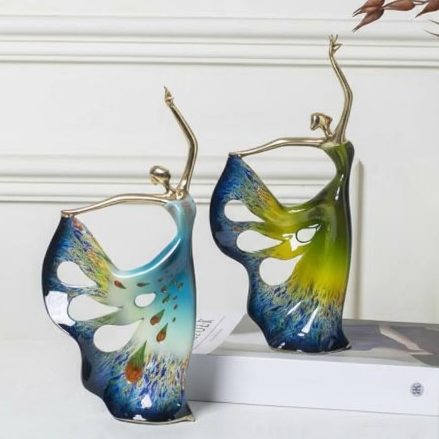 Pair of enamelled copper dancer statues in blue and green finishes