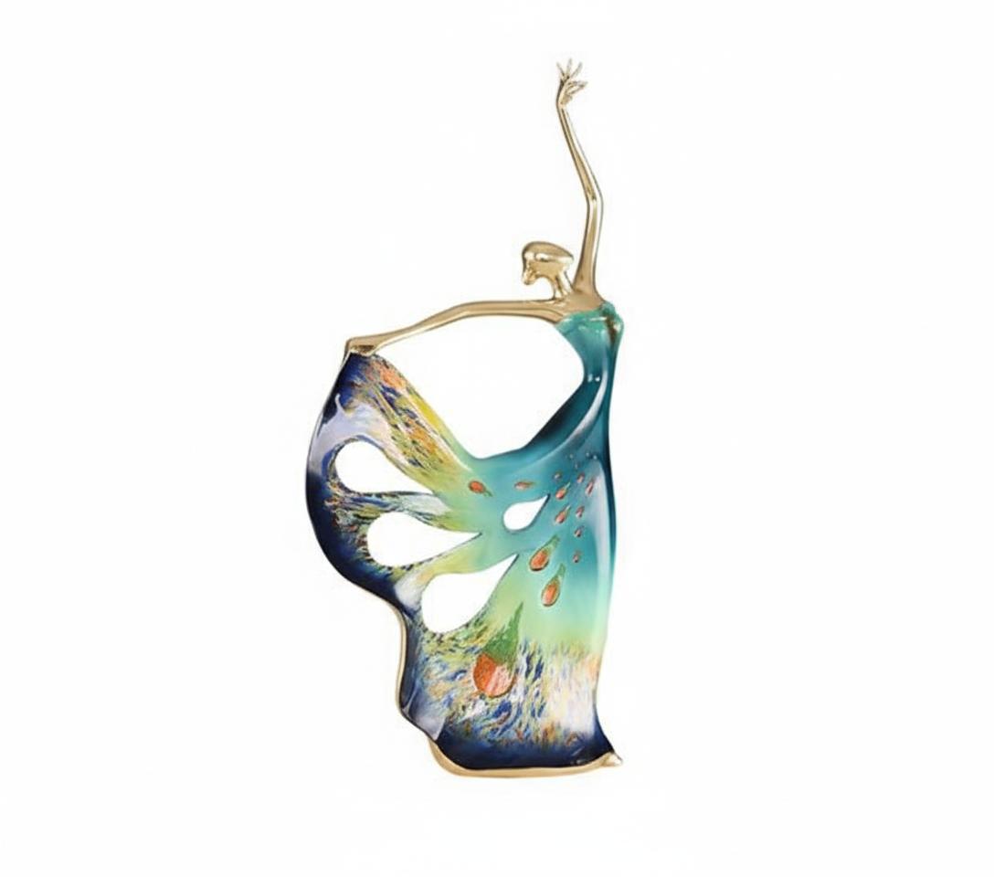 Side view of blue enamelled copper abstract dancer figurine