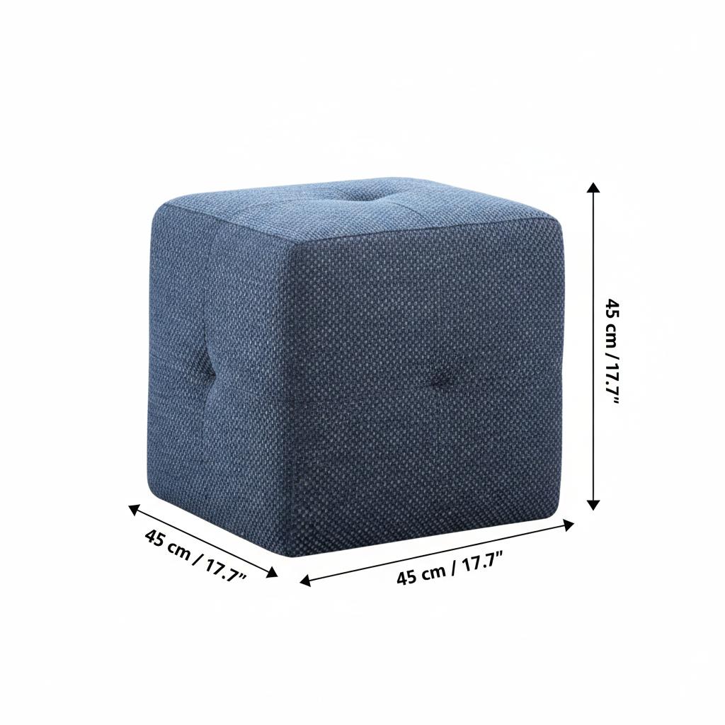 Dimension diagram of square fabric pouf