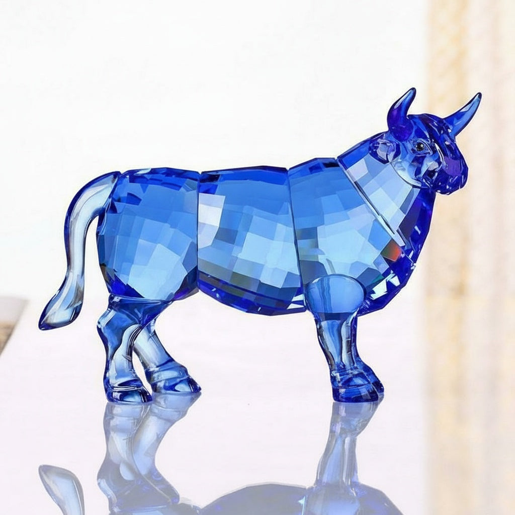 Side view of faceted blue crystal bull figurine on reflective surface