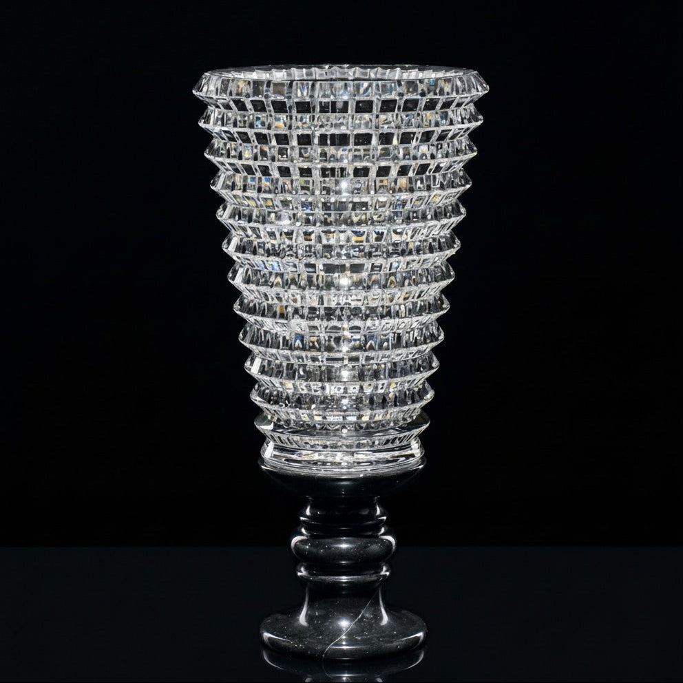 Faceted Crystal Flared Vase With Black Stone Base