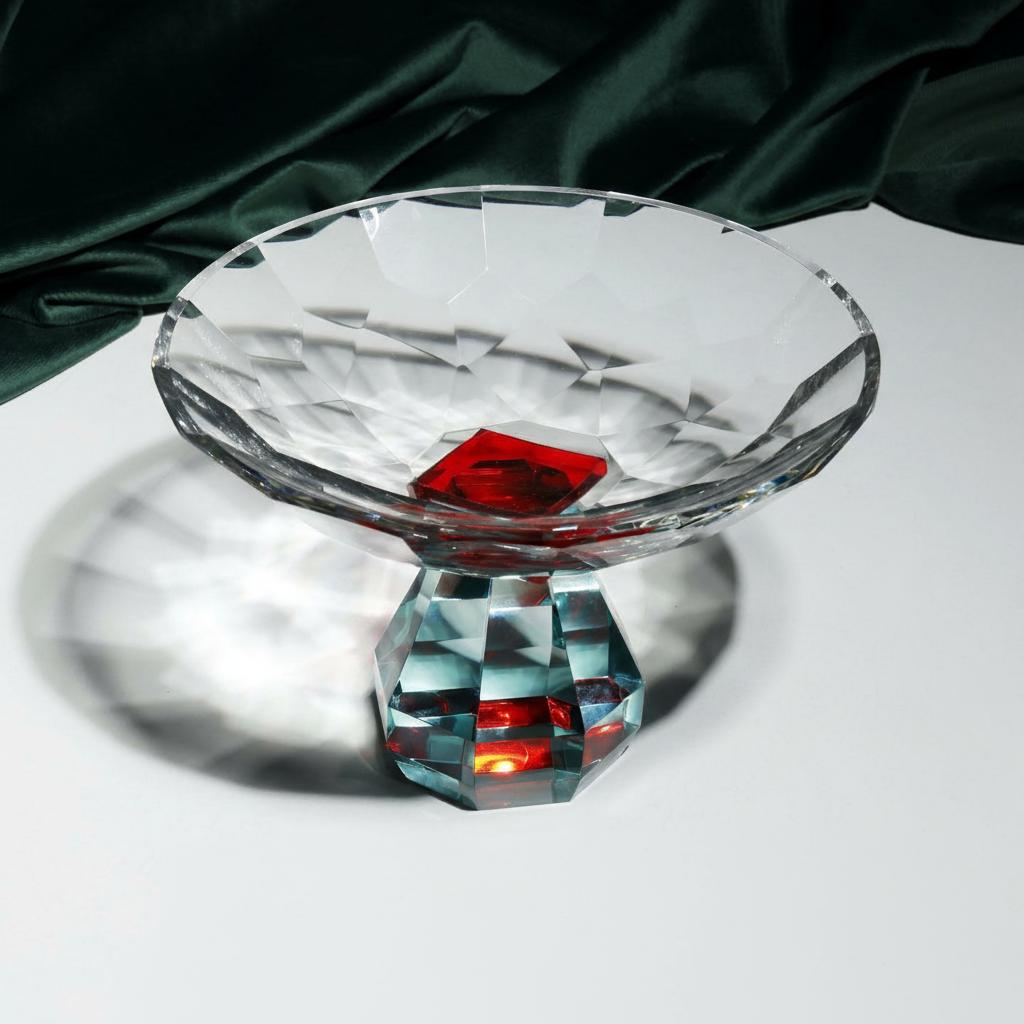 Crystal pedestal centerpiece bowl placed on table with soft lighting and reflective surface
