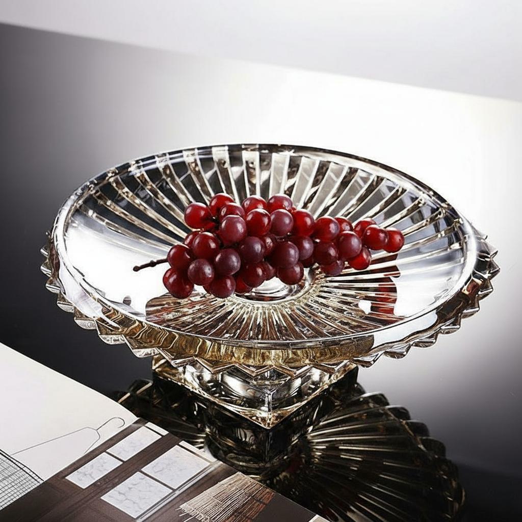 Side view of amber faceted glass bowl on pedestal base