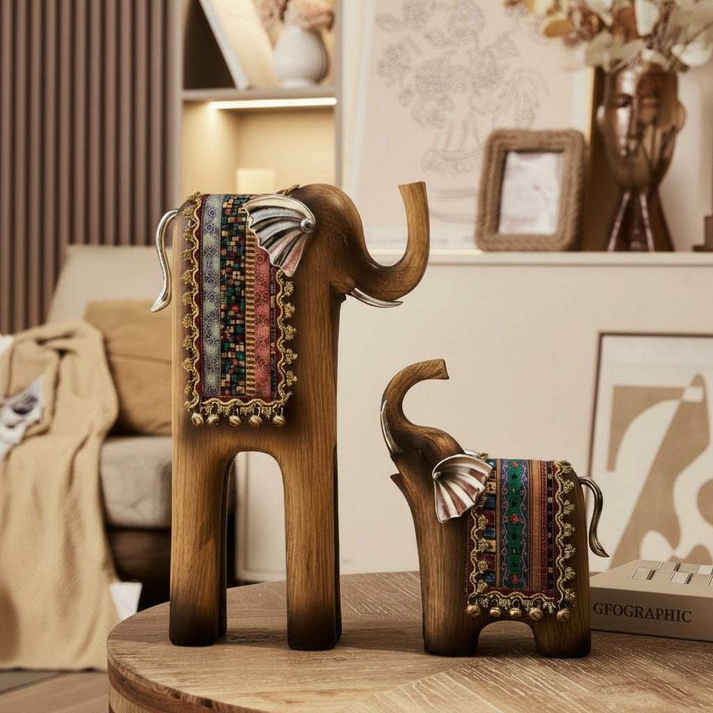 Faux Wood & Silver Stylized Elephant Sculpture
