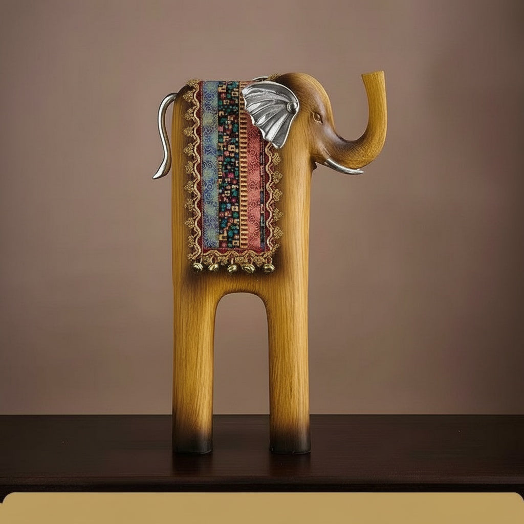 Faux Wood & Silver Stylized Elephant Sculpture