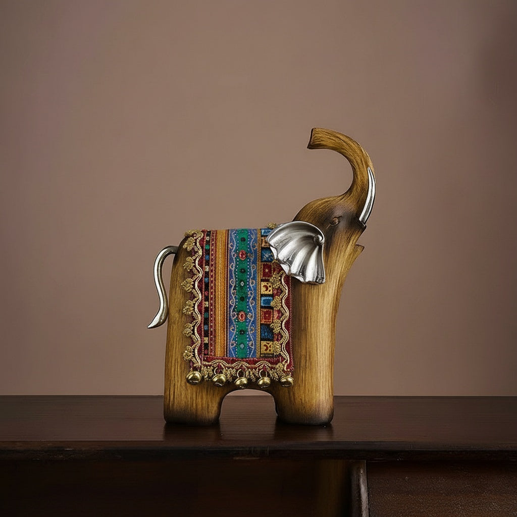 Faux Wood & Silver Stylized Elephant Sculpture