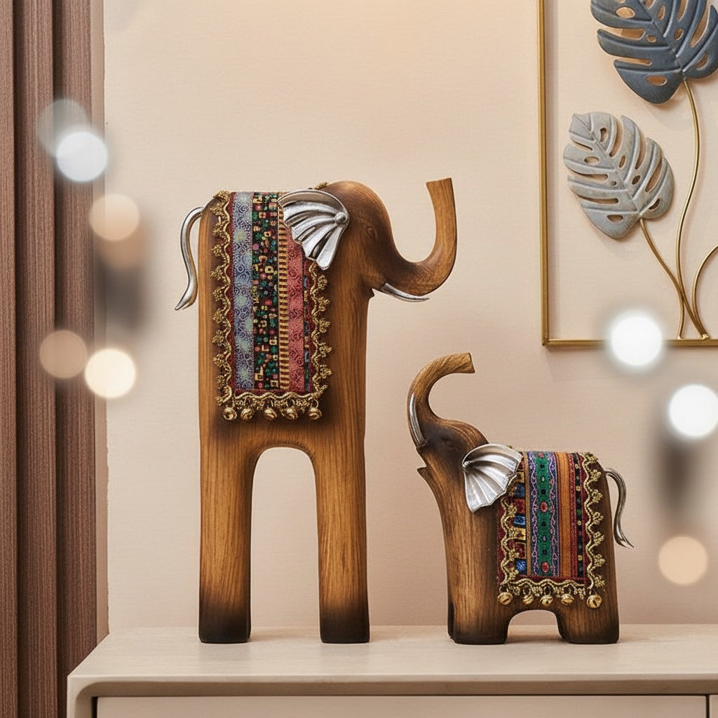 Faux Wood & Silver Stylized Elephant Sculpture