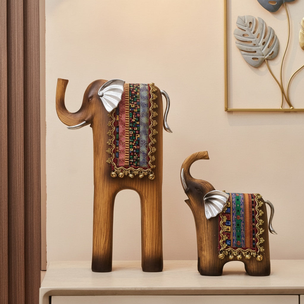 Faux Wood & Silver Stylized Elephant Sculpture