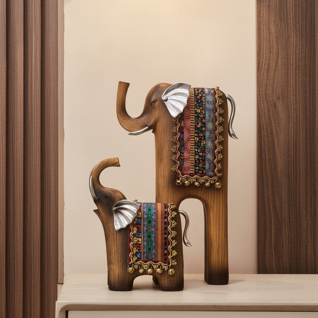 Faux Wood & Silver Stylized Elephant Sculpture