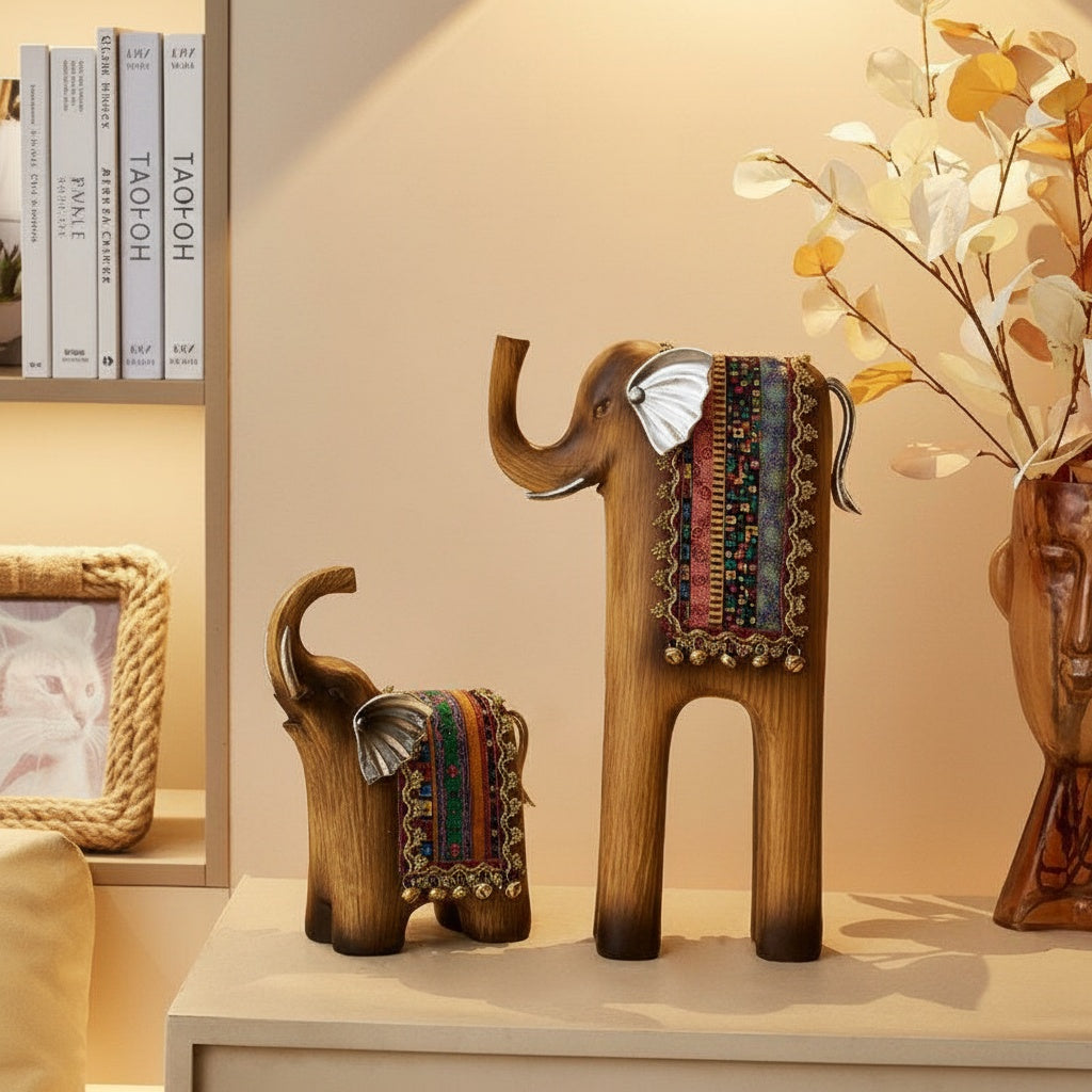 Faux Wood & Silver Stylized Elephant Sculpture