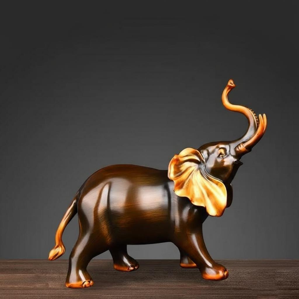 Full profile view of antique copper elephant statue with gold accents