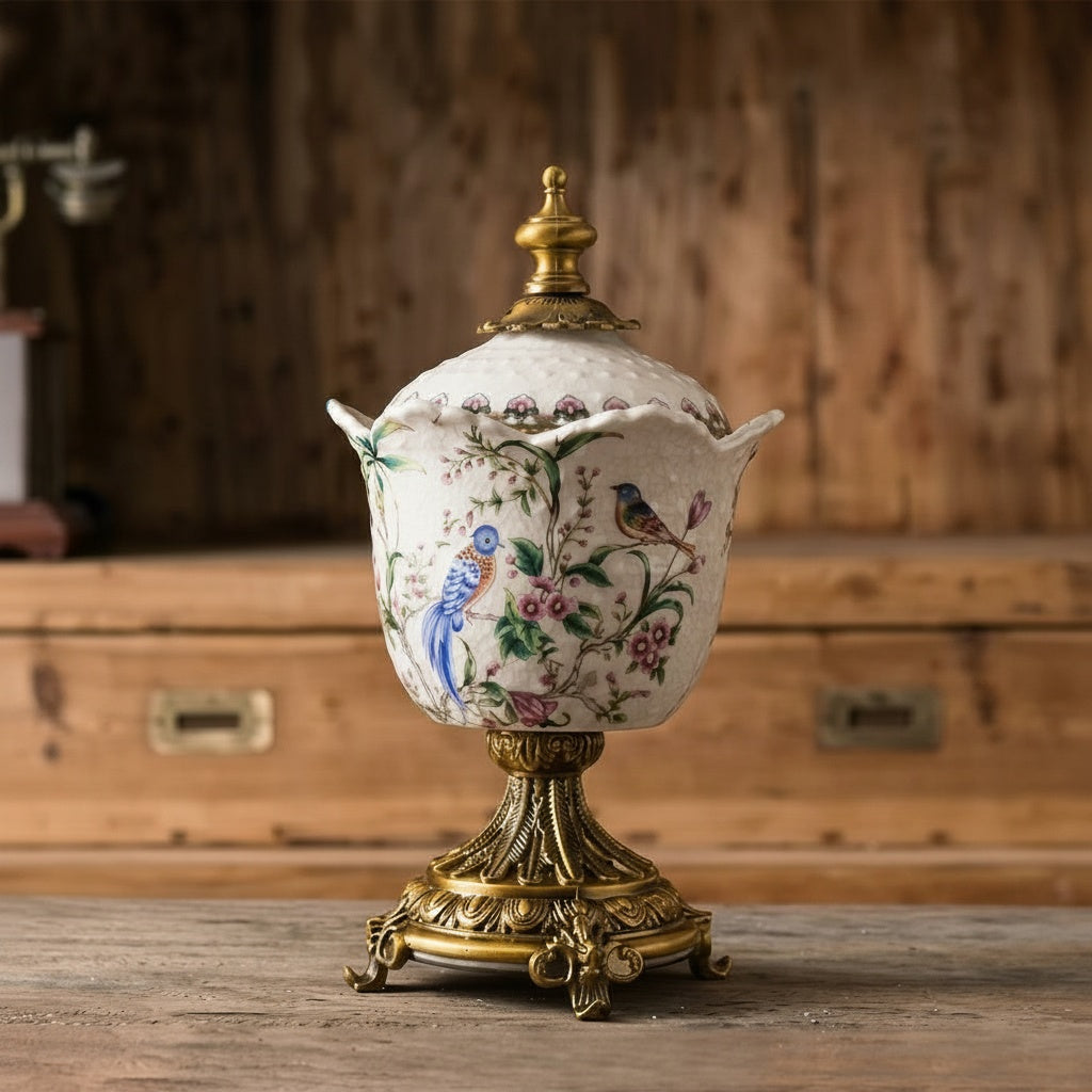 Floral Ceramic And Brass Decorative Urn