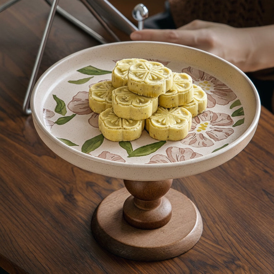 Floral Ceramic And Wood Round Pedestal Stand holding pastries