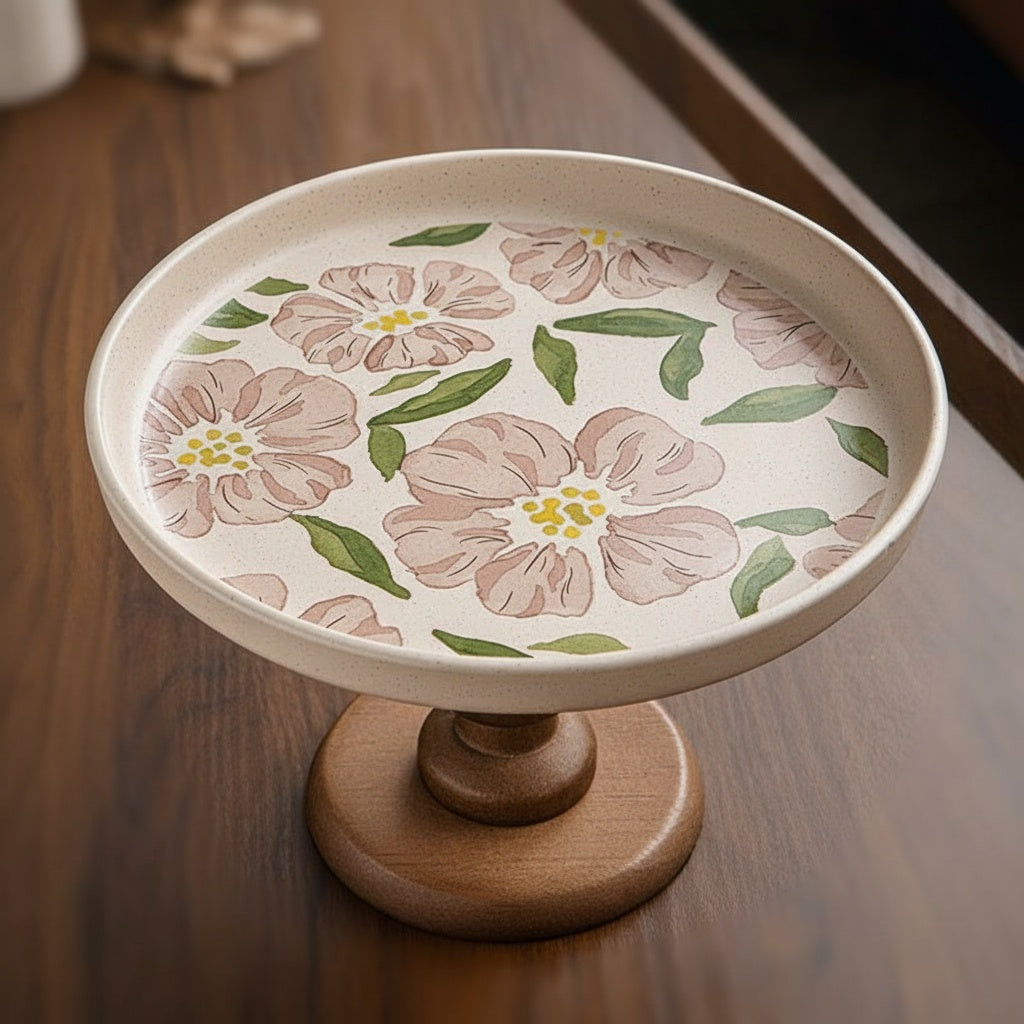 Empty Floral Ceramic And Wood Round Pedestal Stand