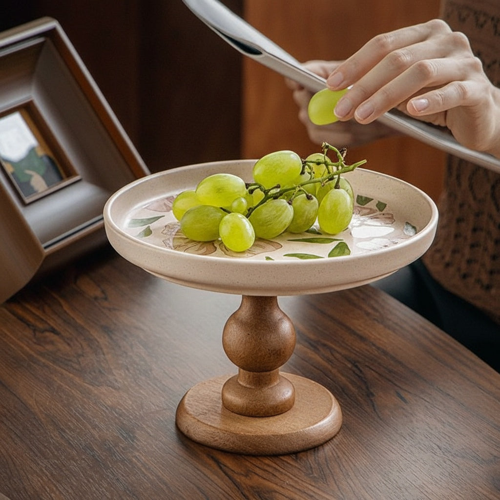 Floral Ceramic And Wood Round Pedestal Stand holding grapes